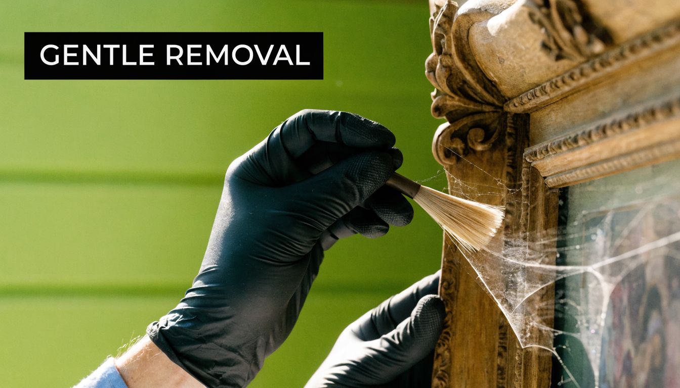A gloved hand uses a delicate brush to carefully remove cobwebs from an ornate antique picture frame.