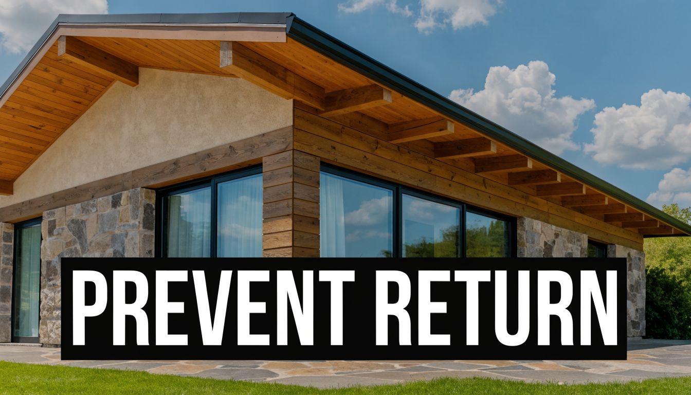 A modern luxury home featuring stone walls, wooden accents, large windows, and a wide patio under blue skies.