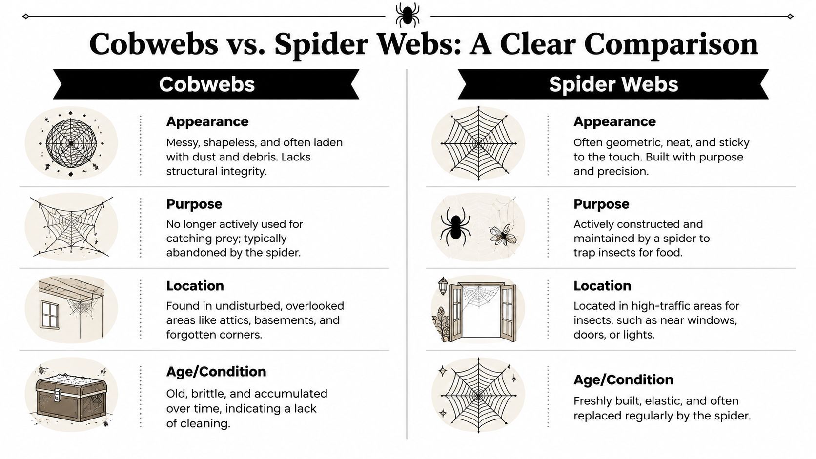 A comparison chart outlining the key differences between abandoned cobwebs and active, sticky spider webs.