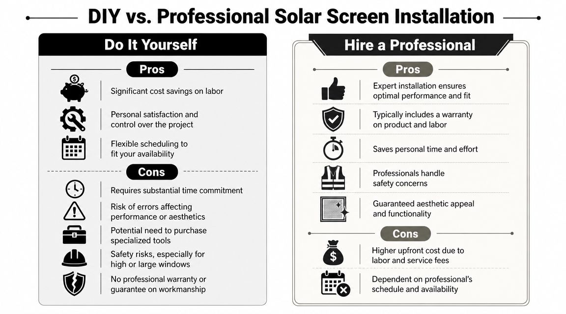 A comparison chart outlining the pros and cons of DIY versus professional solar screen installation for homes.