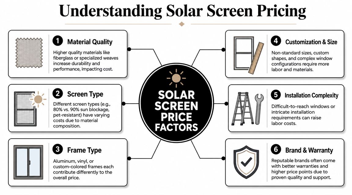 An infographic detailing the six primary factors that influence the overall cost of installing solar screens.