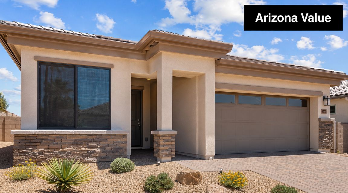 A modern single-story suburban home with solar screens on the front window under a blue sky.