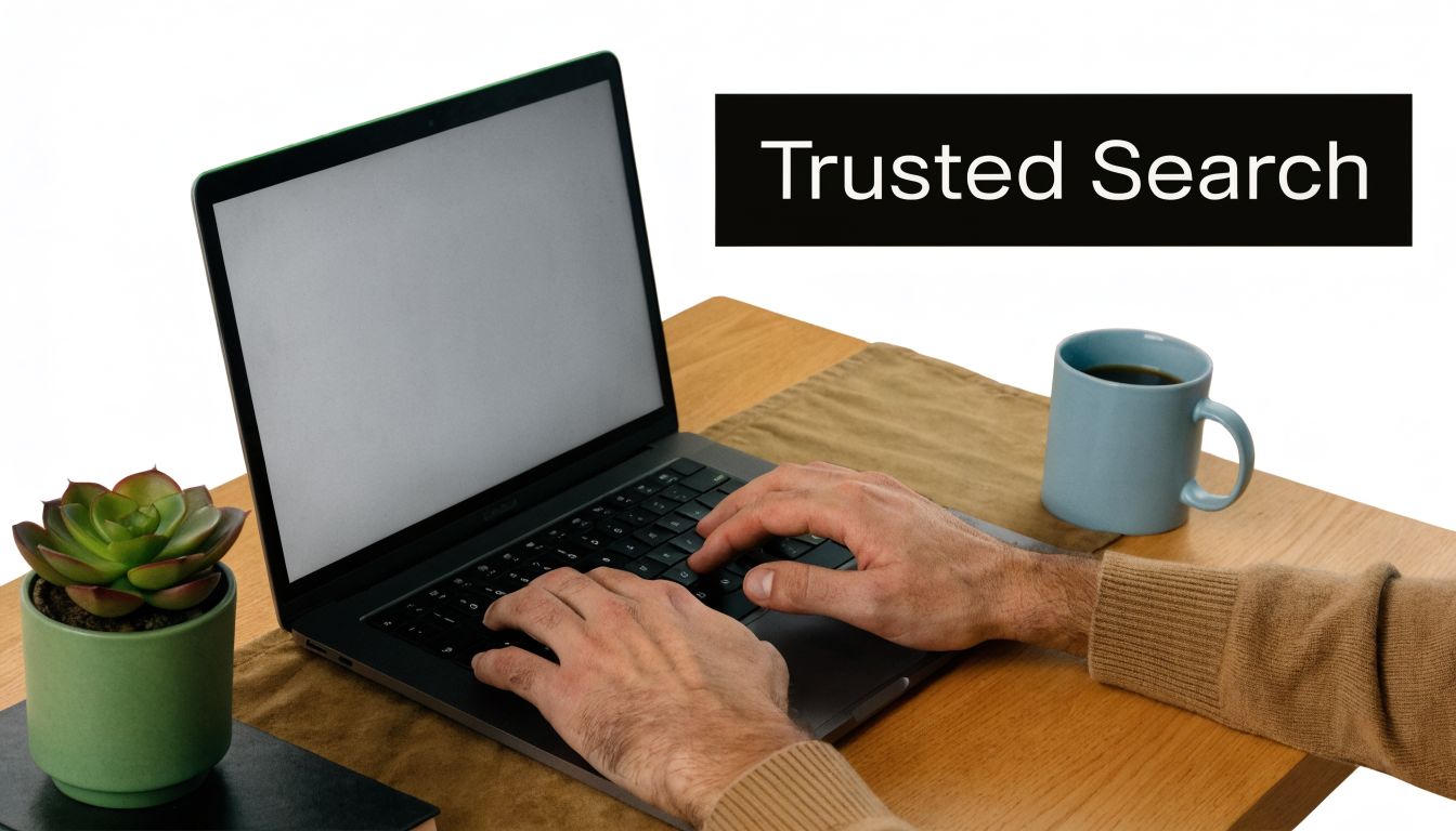 A person working on a laptop at a desk with a succulent and a mug of coffee.