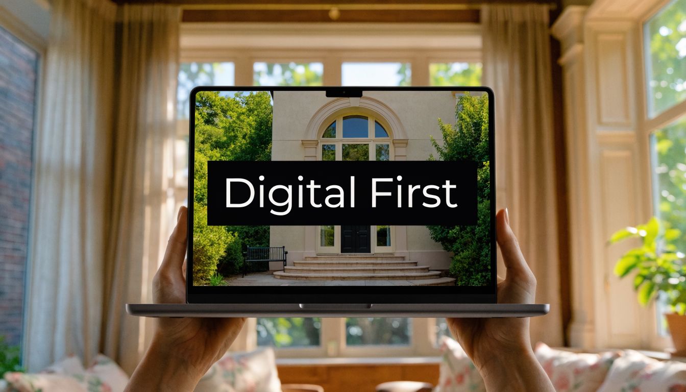 A person holding a laptop displaying a house image with the text Digital First on the screen.