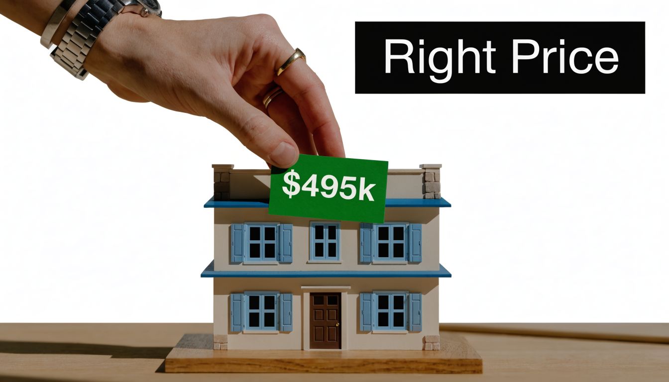 A hand placing a green price tag labeled $495k on top of a miniature toy house model.