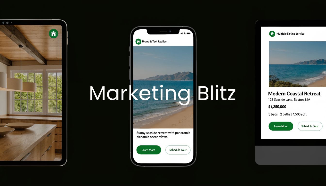 A digital display showcasing real estate mobile application interfaces for marketing residential property listings effectively.
