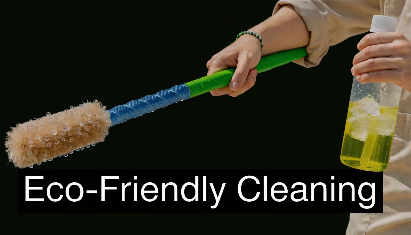 A person holding a green cleaning brush and a bottle of yellow cleaning solution for eco-friendly cleaning.
