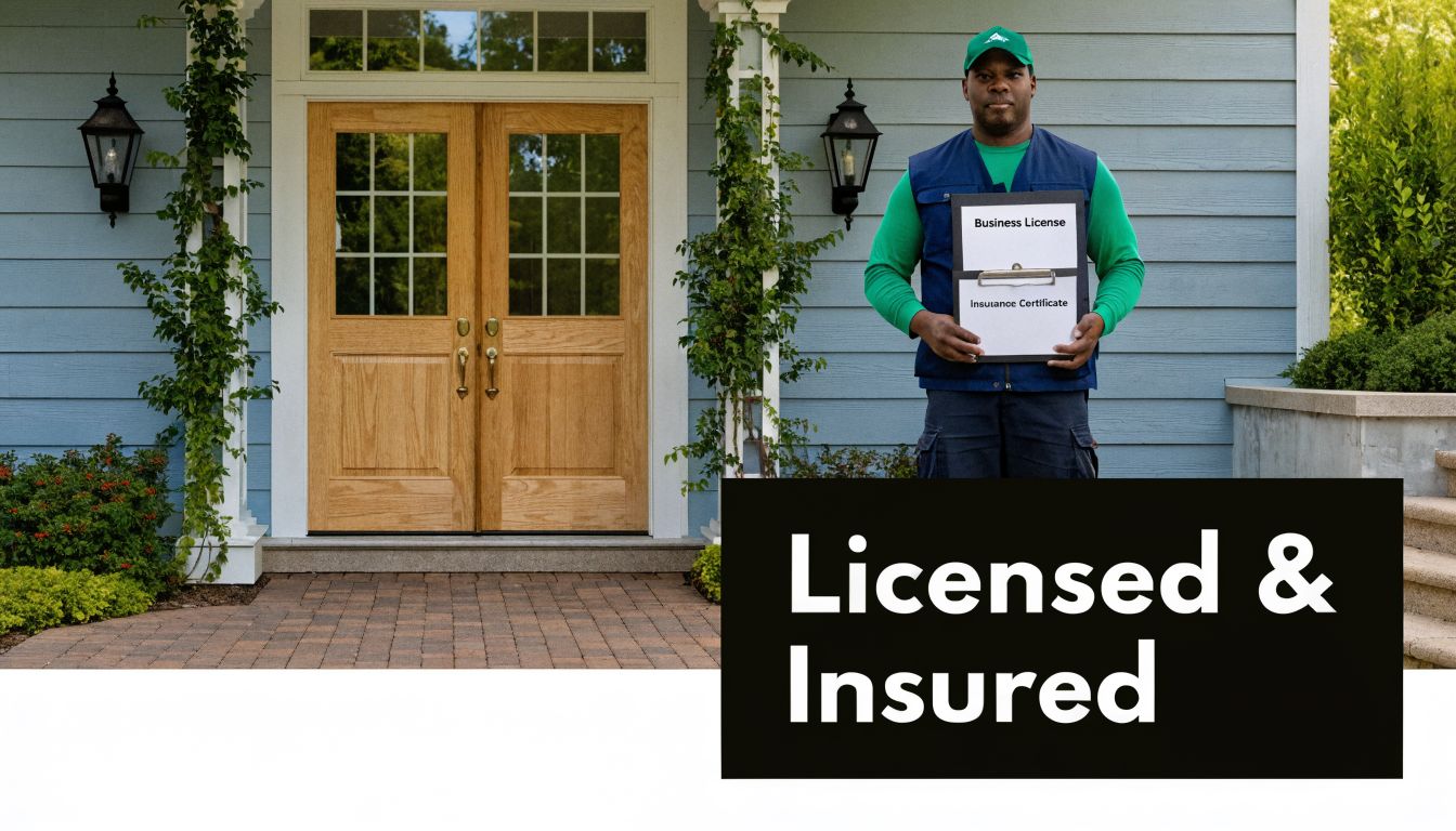 A professional contractor wearing a green uniform holding a clipboard showing business license and insurance certificate documents.