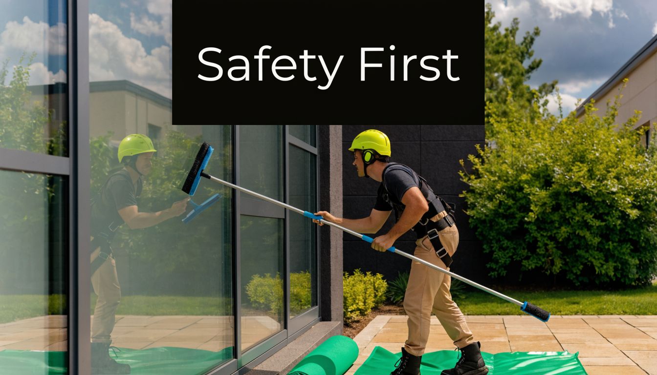A professional window cleaner wearing a safety helmet and harness, washing a large glass window pane outdoors.