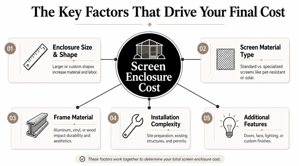 An infographic detailing the five primary factors that influence the total cost of screen enclosures.
