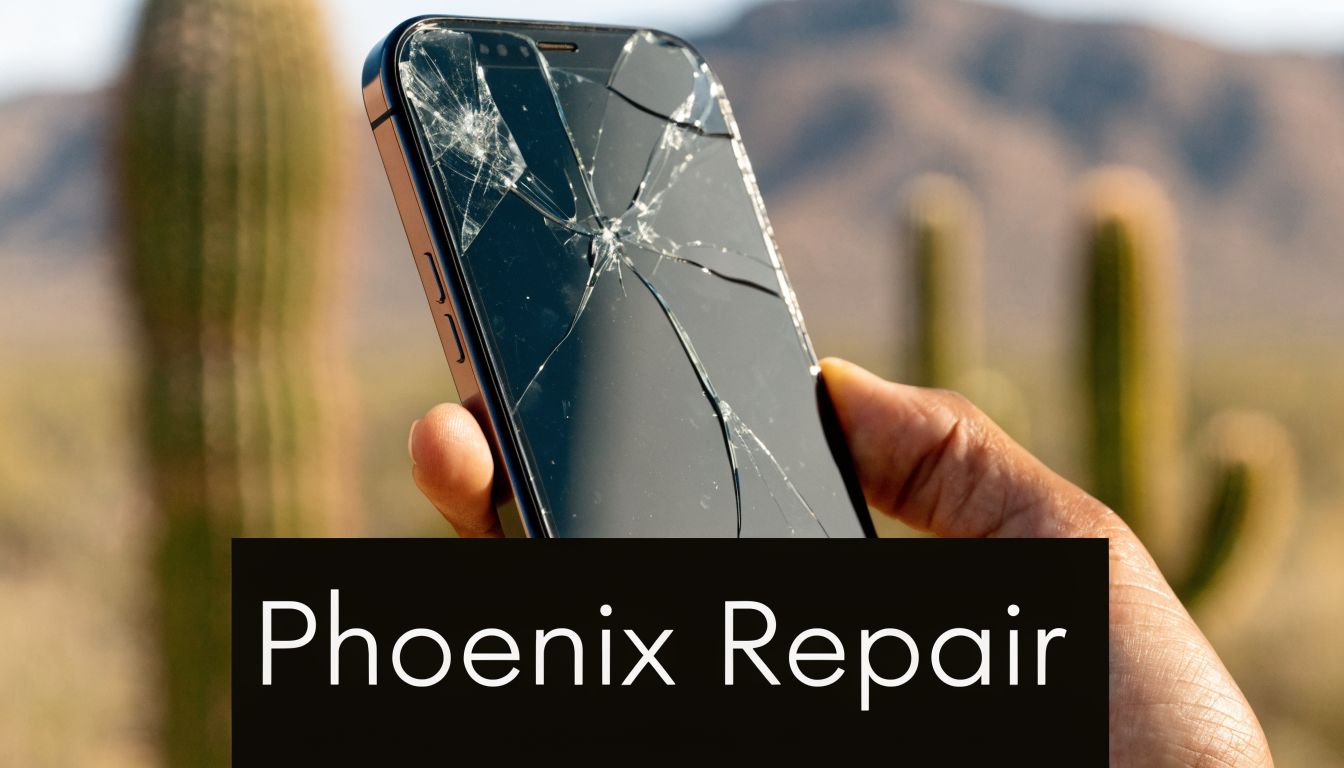A hand holding a smartphone with a severely cracked screen against a desert landscape background.