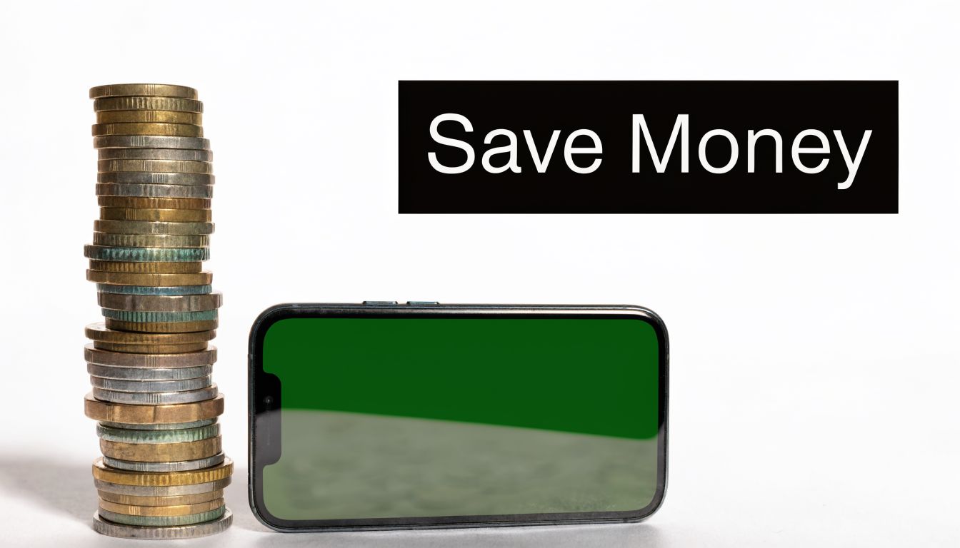 A stack of various coins positioned next to a smartphone with a green screen on white background.