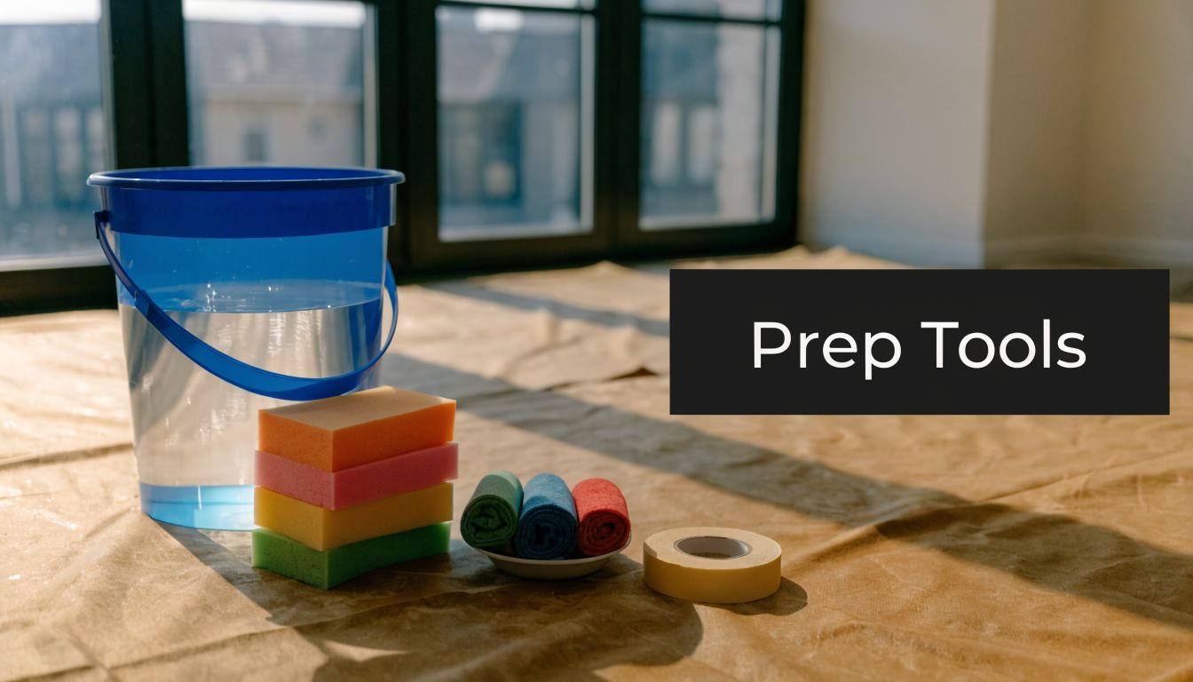 Cleaning supplies including a bucket of water, sponges, cloths, and masking tape on a brown paper surface.