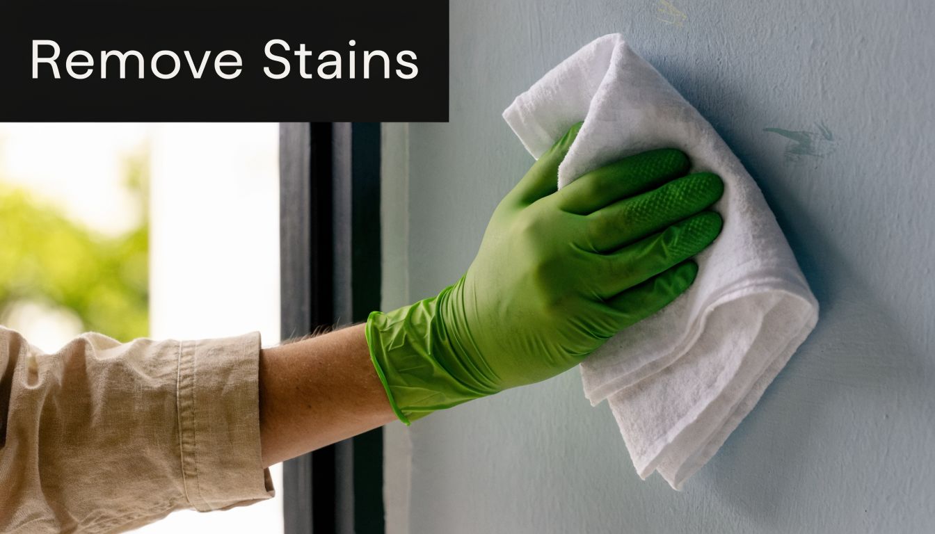 A hand wearing a green rubber glove uses a white cloth to clean stains off a wall.