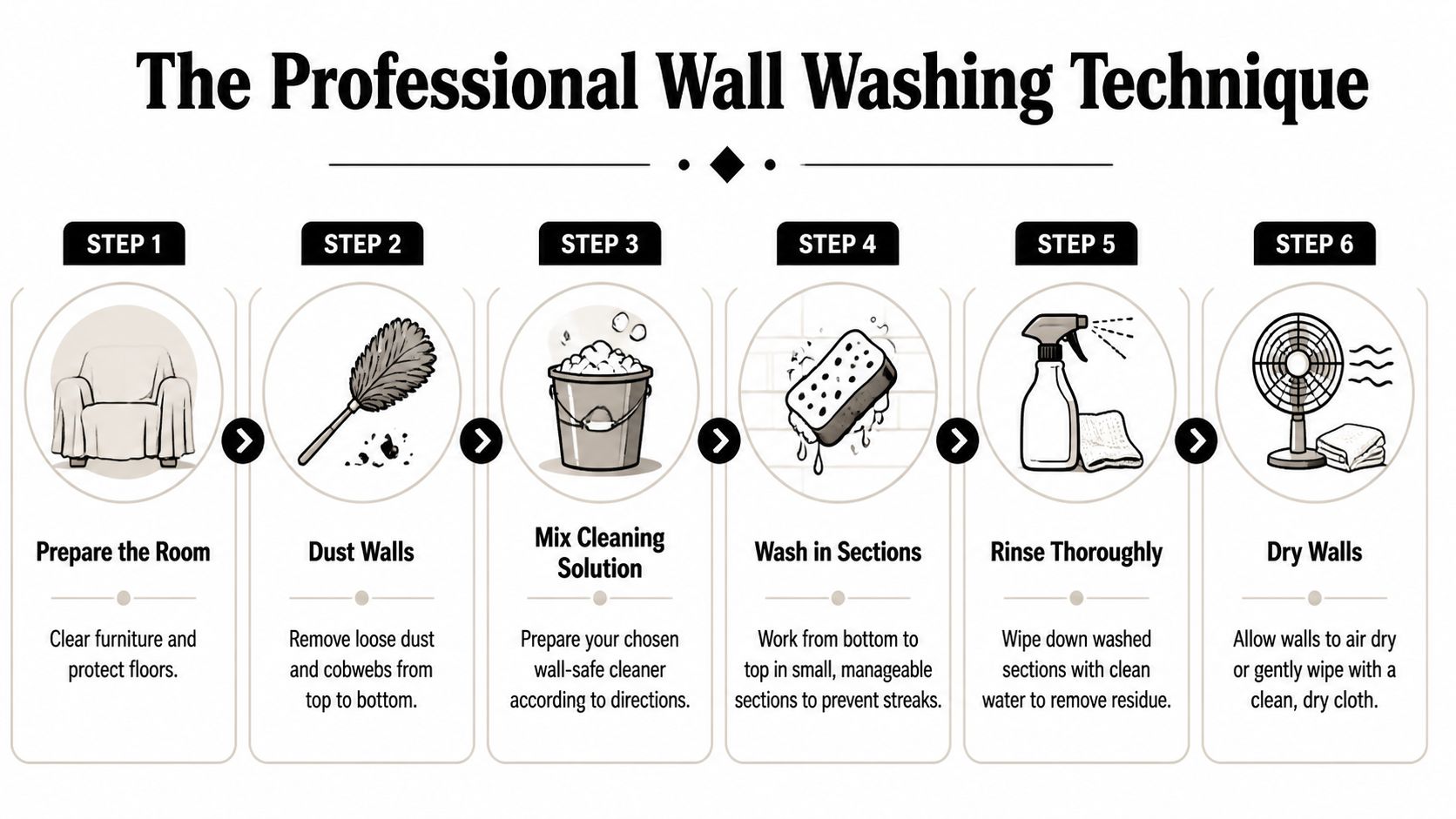 An infographic showing six steps for professional wall washing, starting with preparation and ending with drying.