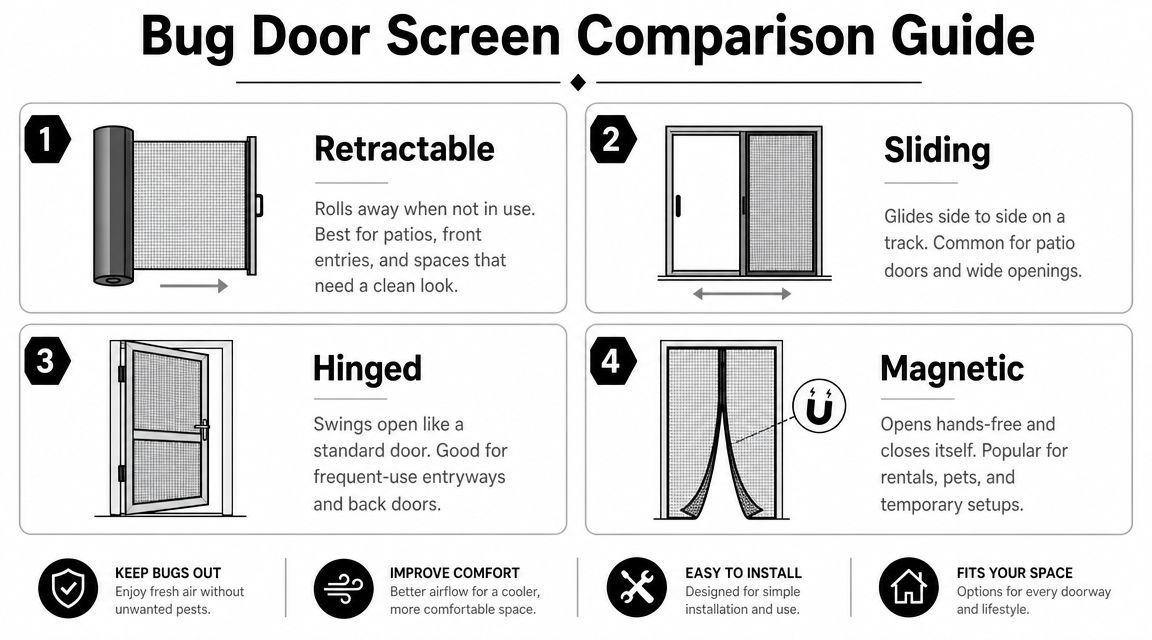 A comparison guide showing four types of door screens: retractable, sliding, hinged, and magnetic for home use.