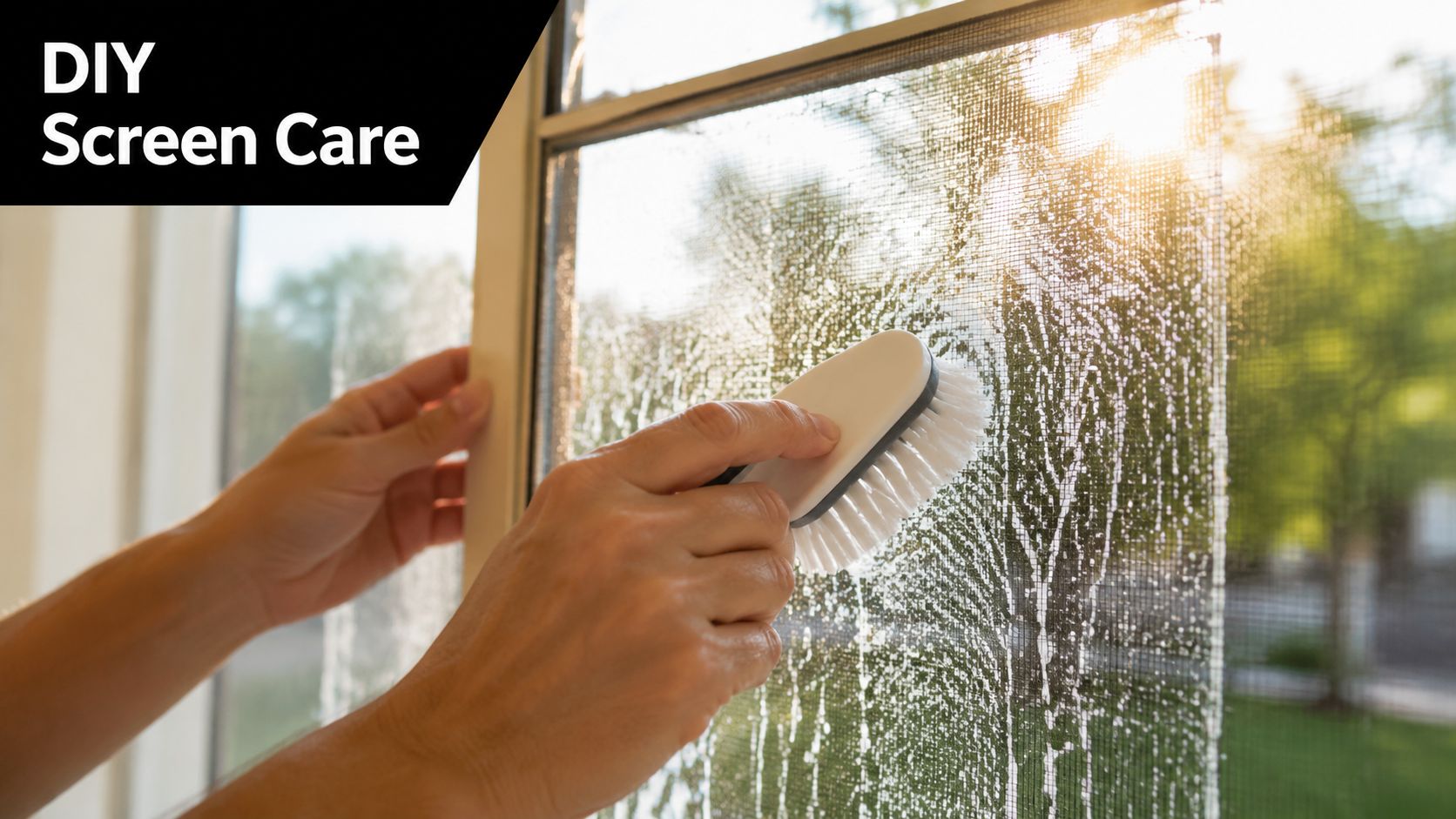 A person using a brush to clean a dirty window screen on a sunny day.