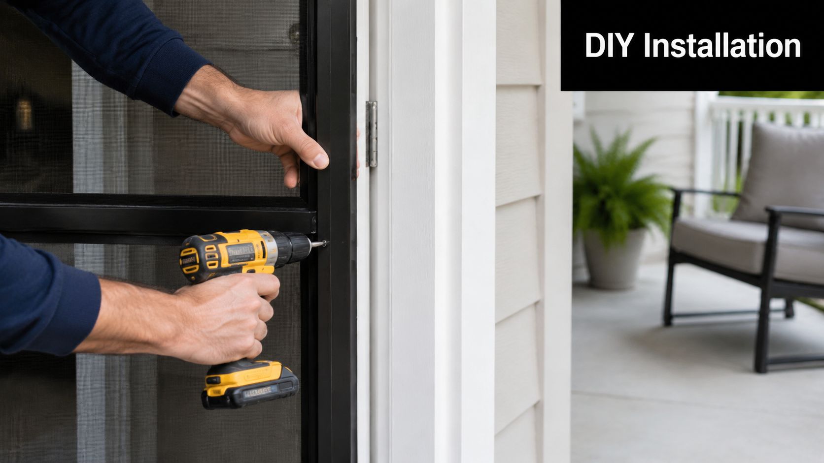 A person uses a power drill to install a black metal screen door onto a door frame.