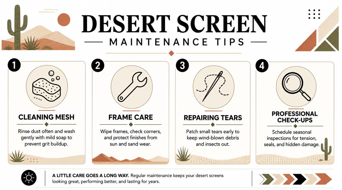 An infographic titled Desert Screen Maintenance Tips detailing four essential steps for cleaning and caring for window screens.
