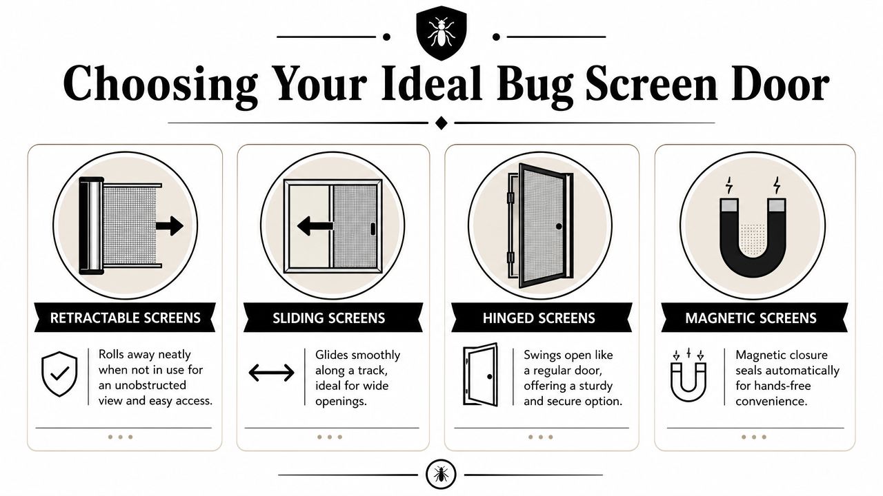 A comparison chart showing four different types of bug screens for doors including retractable, sliding, hinged, and magnetic.