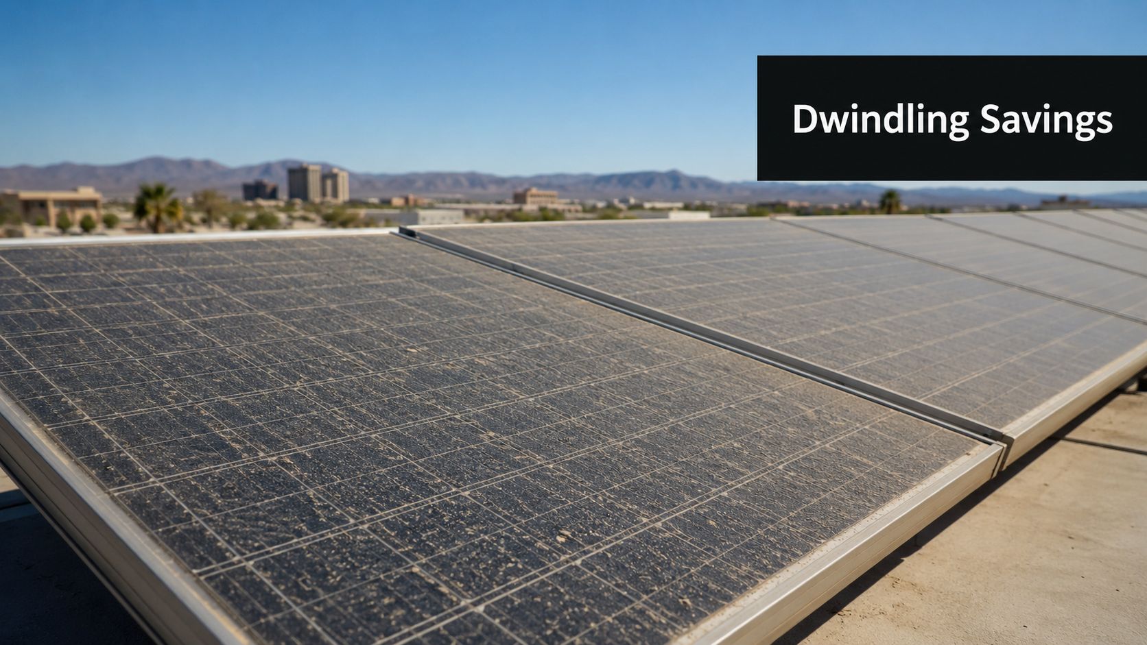 A close-up view of dirty, dust-covered solar panels on a rooftop in a sunny desert landscape.