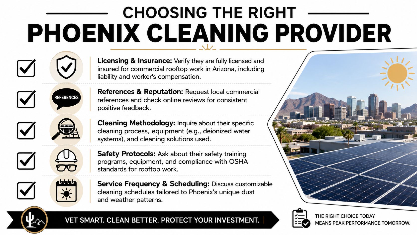 An infographic titled Choosing the Right Phoenix Cleaning Provider with a checklist of five essential factors for solar maintenance.
