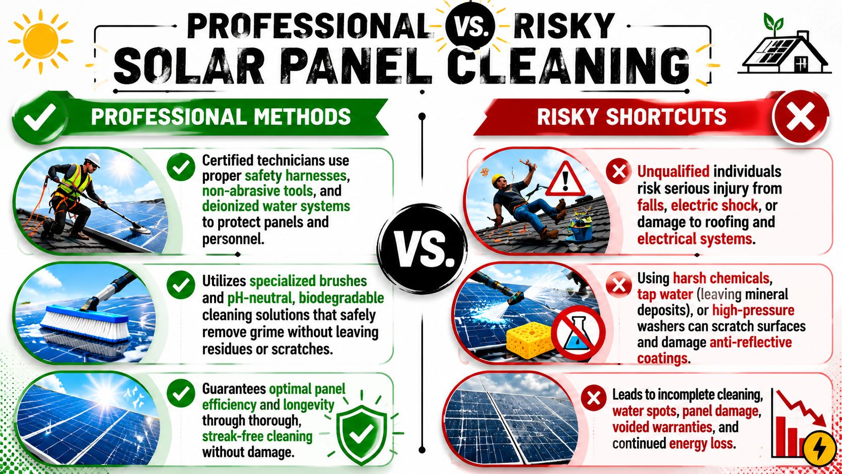 An infographic comparing professional, safe solar panel cleaning methods against risky, improper cleaning shortcuts.