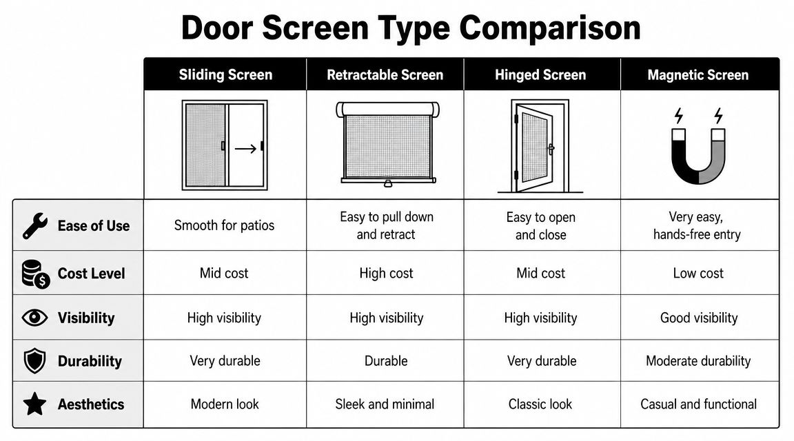 A comparison chart showing the features and benefits of sliding, retractable, hinged, and magnetic door bug screens.