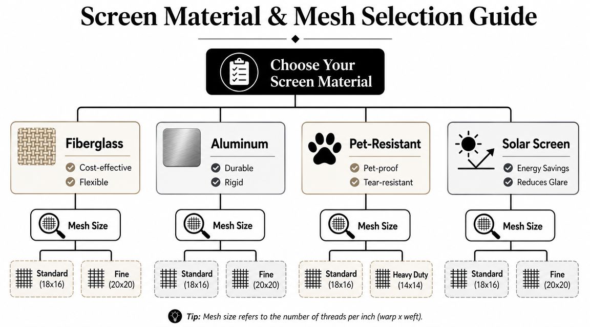 A flowchart guide explaining different screen material types, including fiberglass, aluminum, pet-resistant, and solar, with mesh size options.