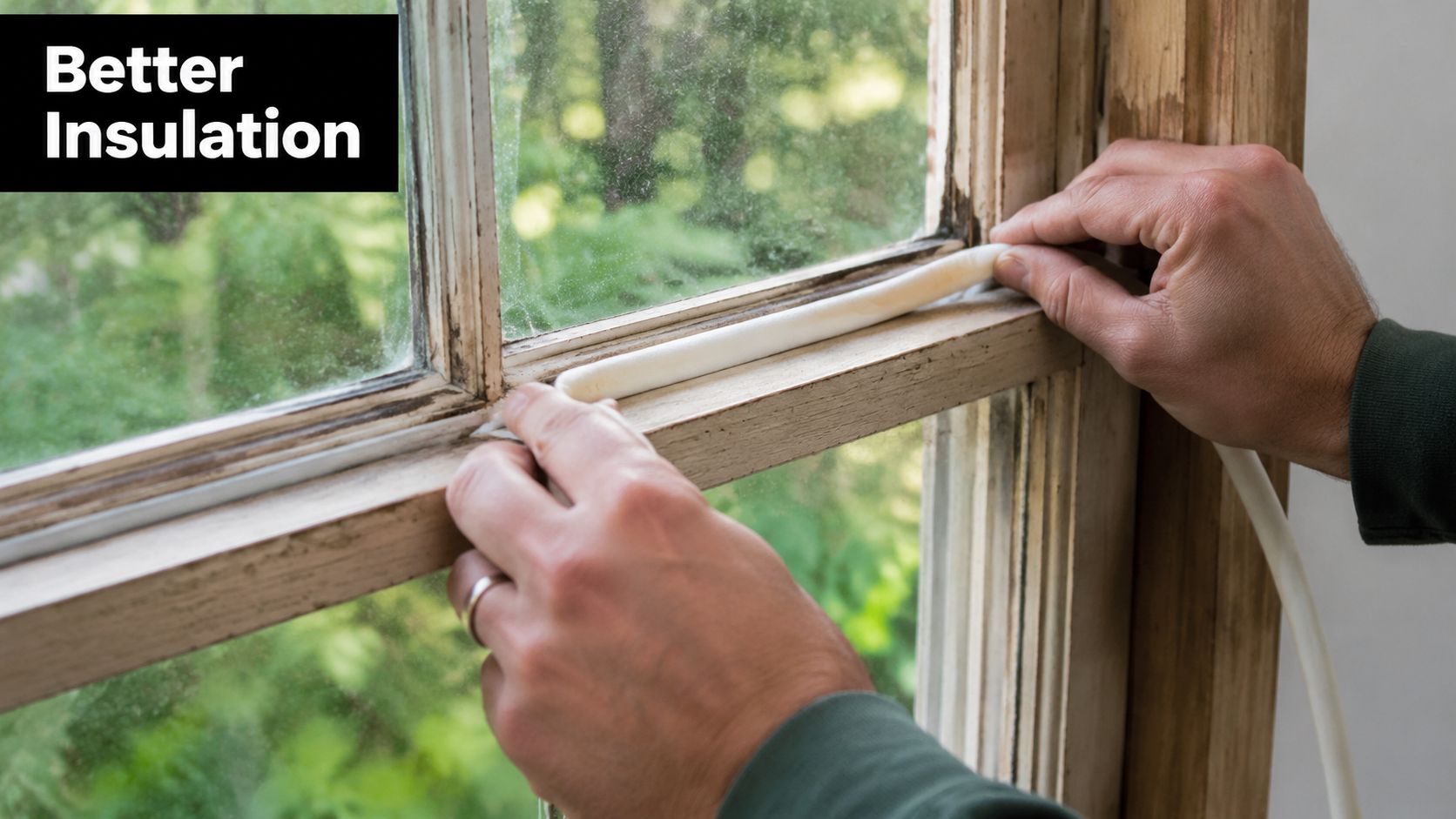 A person applying weather stripping sealant to a wooden window frame to improve home insulation efficiency.