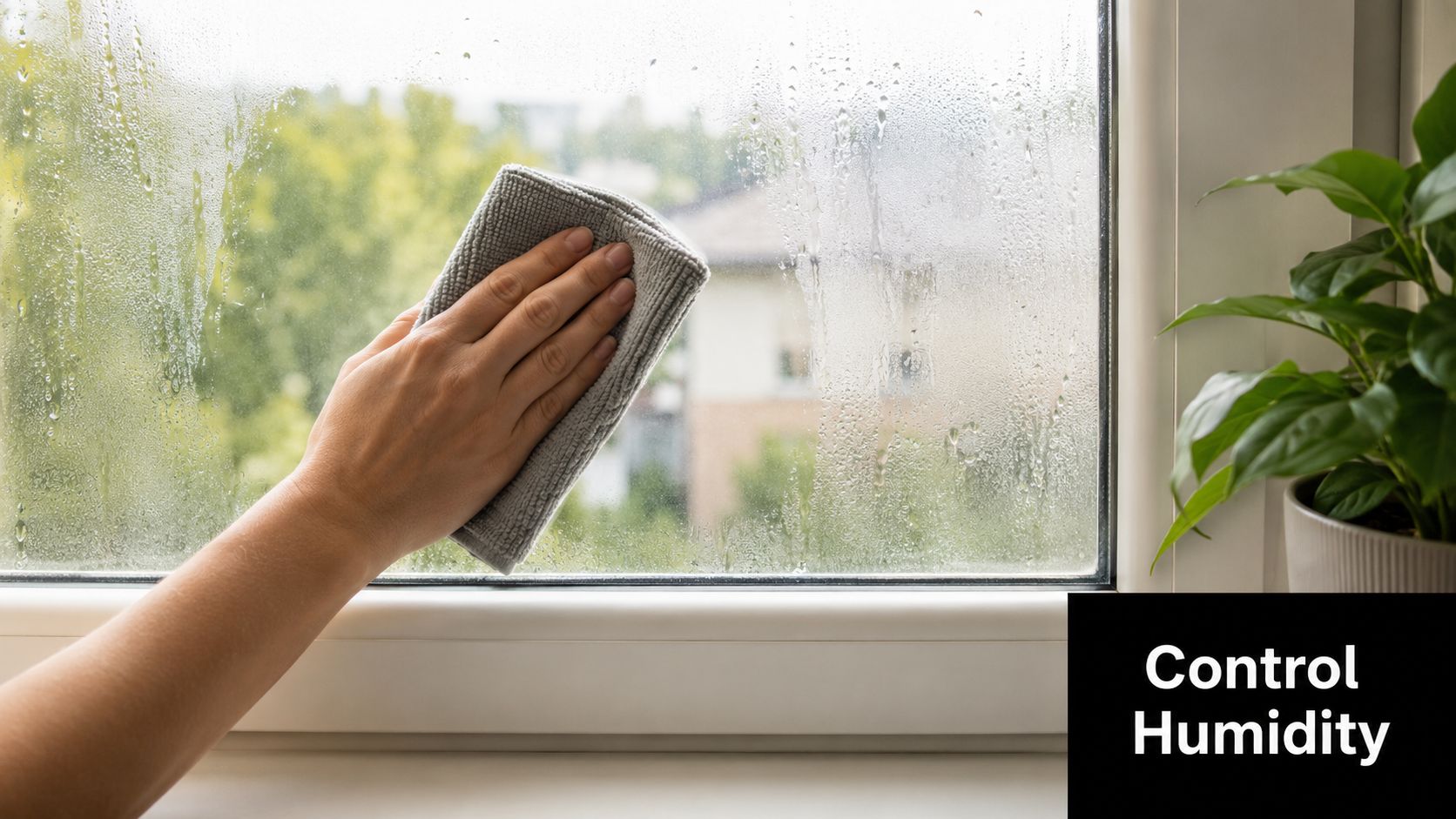 A hand wiping condensation off a residential window pane with a soft grey cleaning cloth