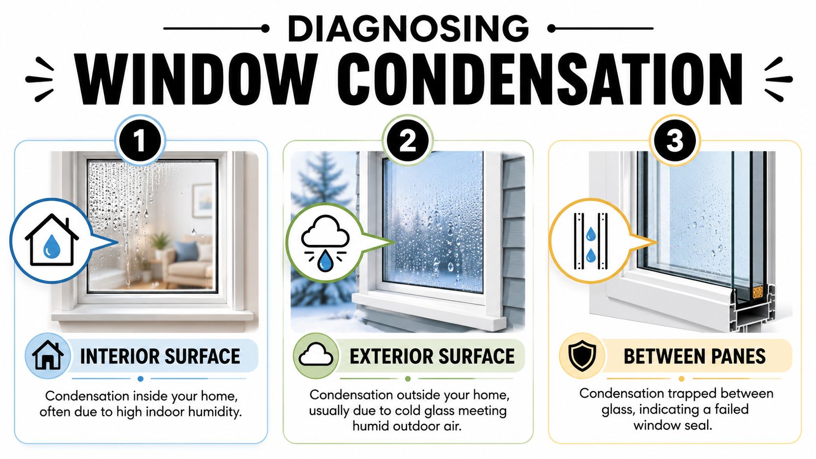 A guide illustrating how to diagnose window condensation by identifying if moisture is interior, exterior, or trapped.