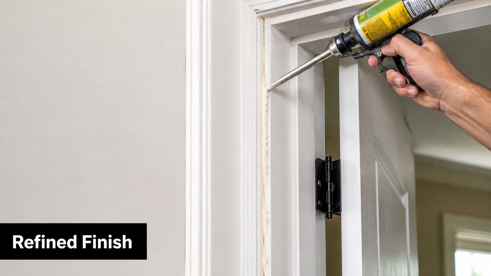 A hand using a caulk gun to apply foam insulation sealant to a door frame gap.