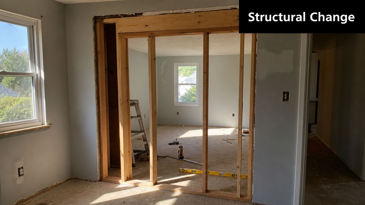 A room renovation showing a newly framed doorway opening between two residential living spaces during construction.