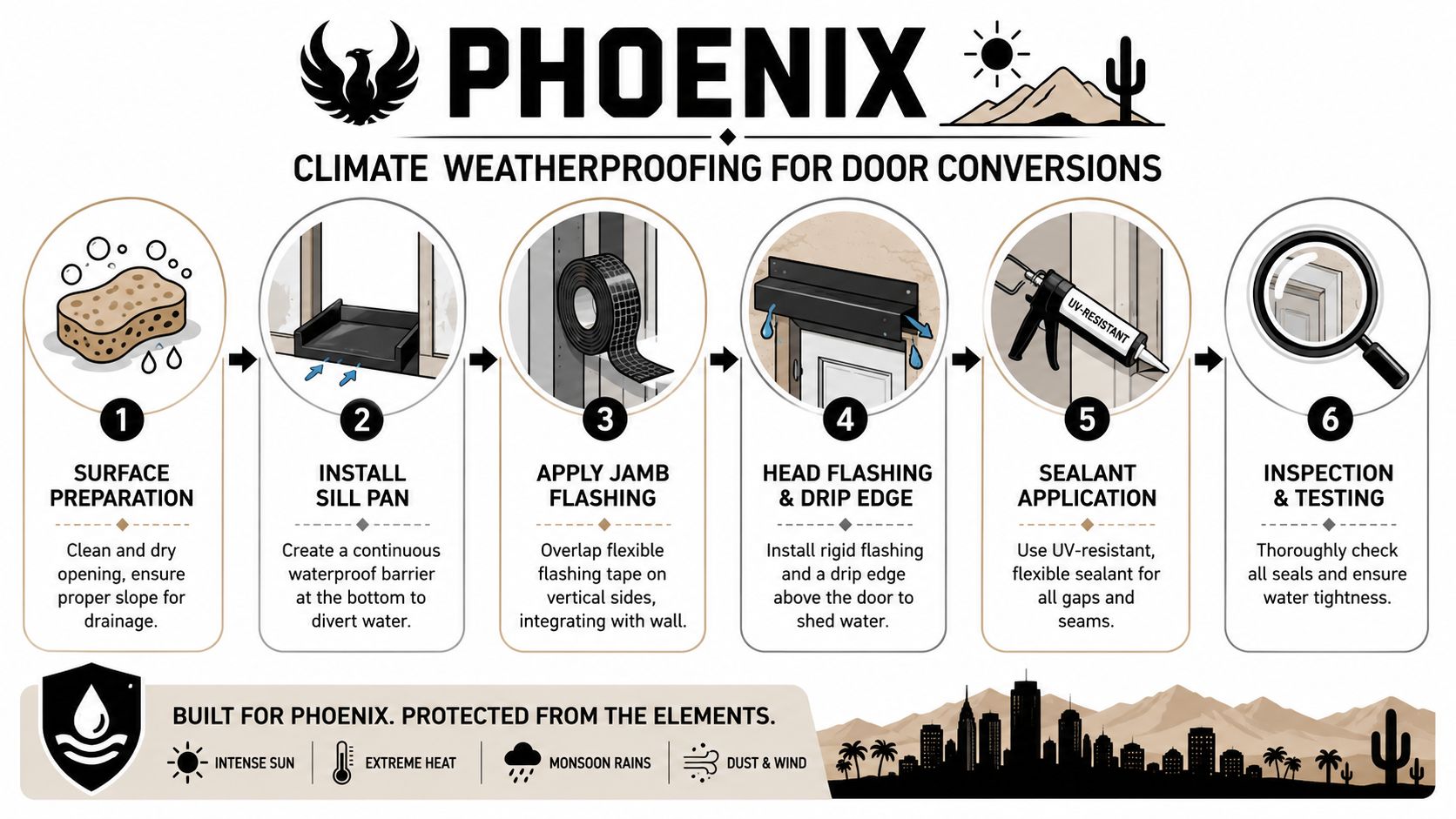An infographic showing six steps for weatherproofing a door conversion in a harsh desert climate.