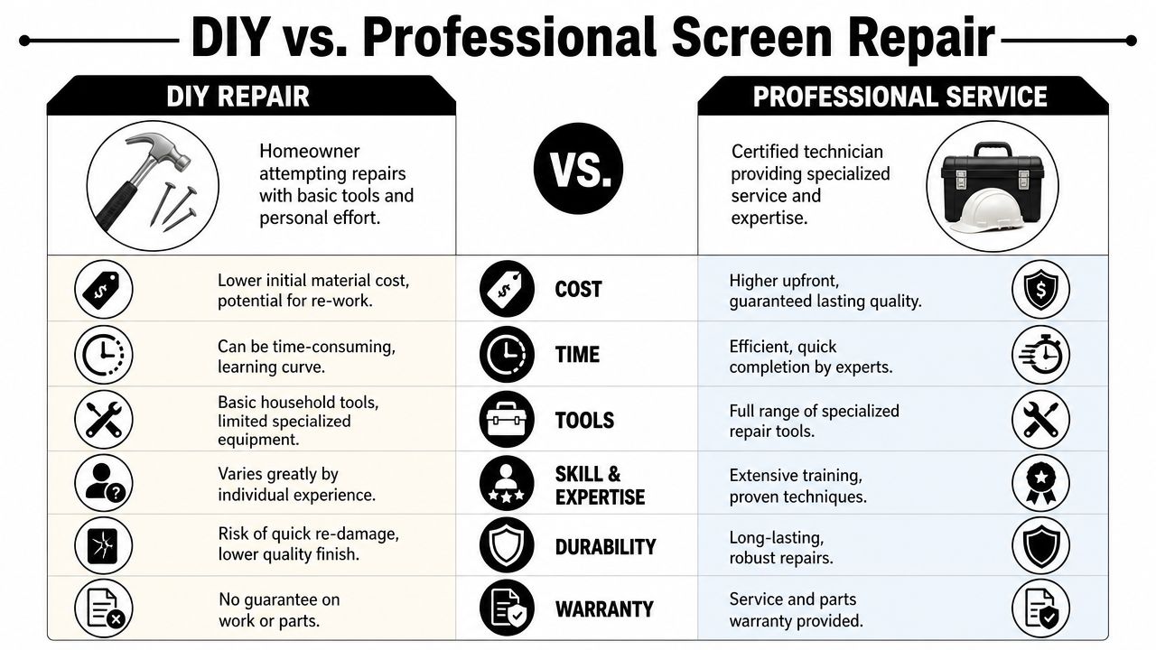 A comparison infographic showing the pros and cons of DIY screen repair versus professional screen repair services.