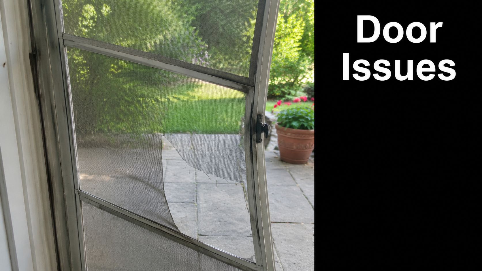 A torn and damaged mesh screen on an outdoor patio door needing professional repair service.