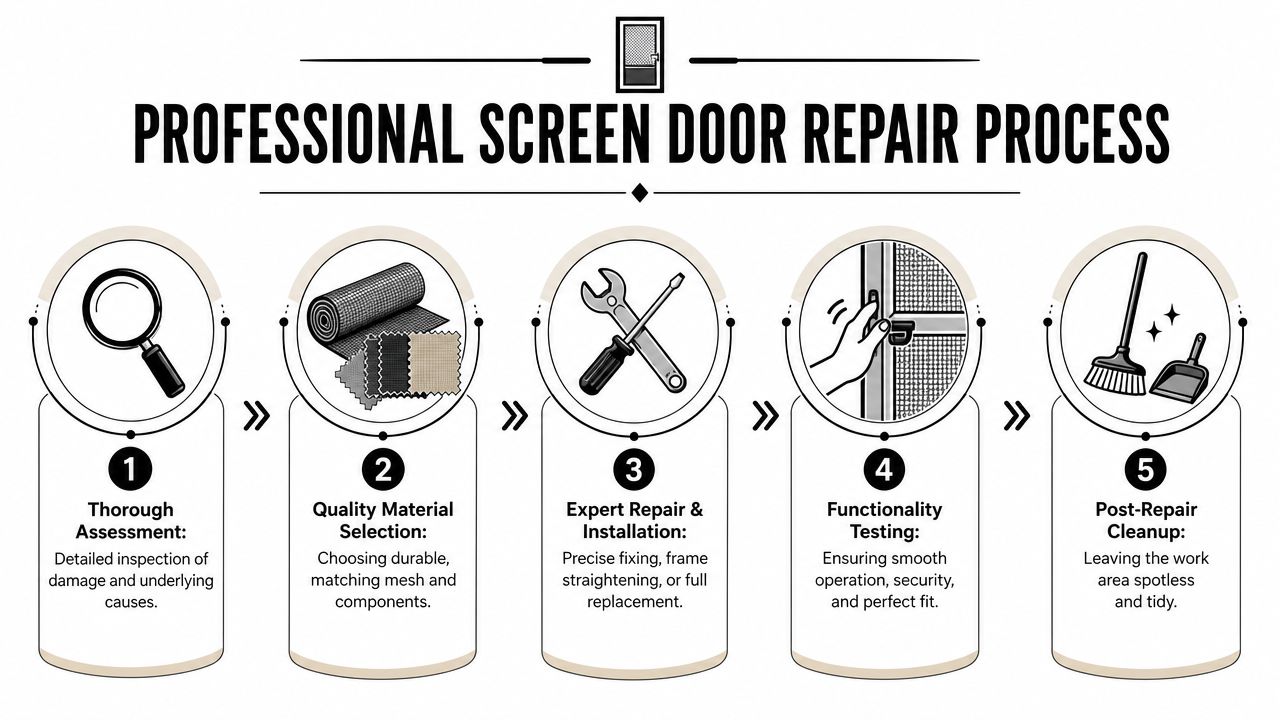 A five-step infographic showing the professional screen door repair process from initial assessment to final cleanup.