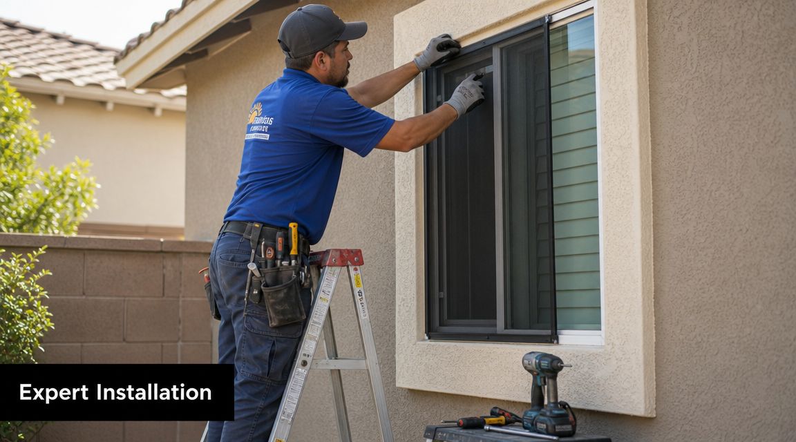 A professional technician installing a dark solar screen on a residential house window while on a ladder.